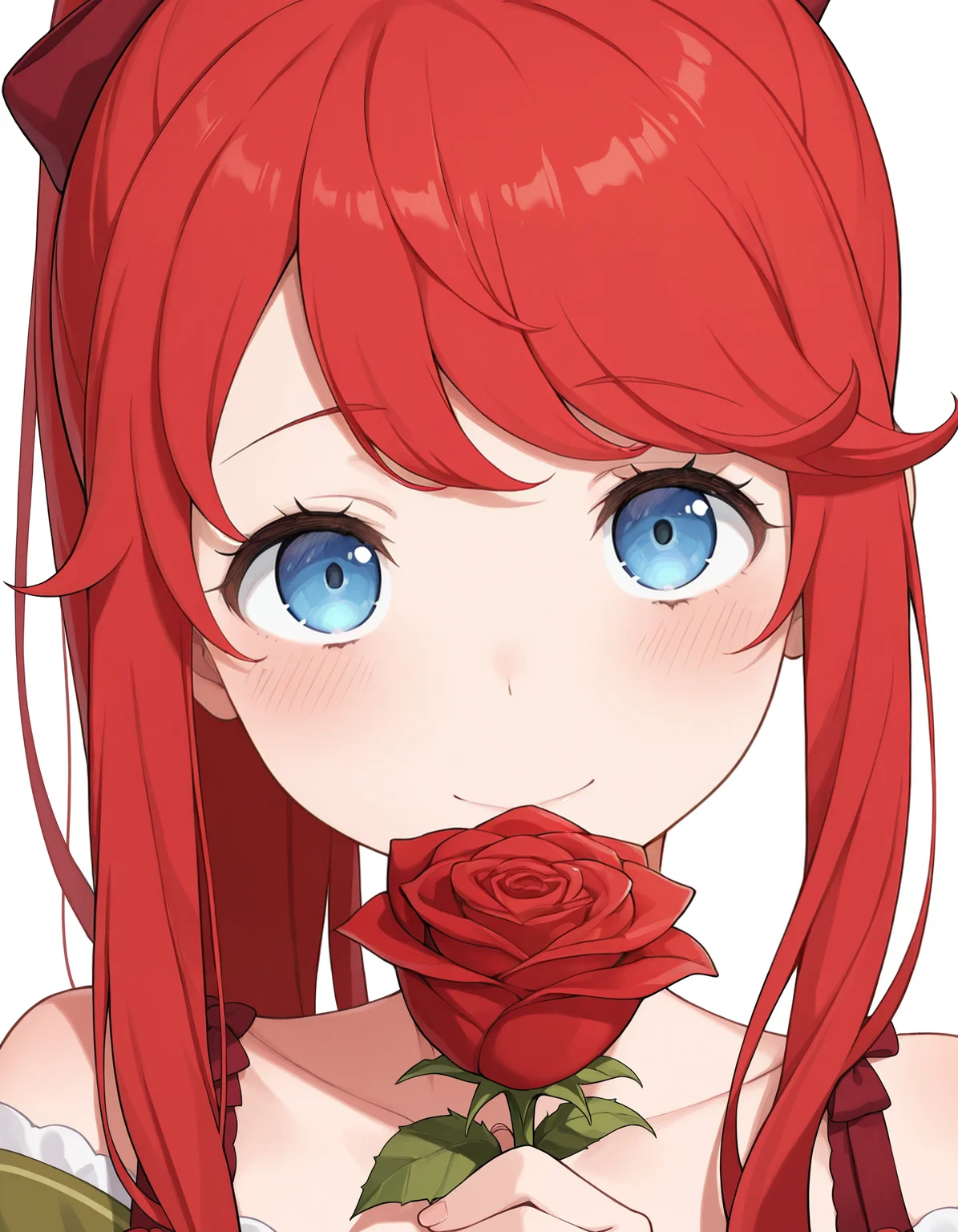 <lora:Theresia van Astrea Illu:1>
1girl, solo,
theresi4, red hair, blue eyes, long hair,
holding rose, portrait, blush, smile, looking at viewer, high ponytail, green dress, dress straps, red dress bows,
simple background, background, white background,, masterpiece, best quality, amazing quality