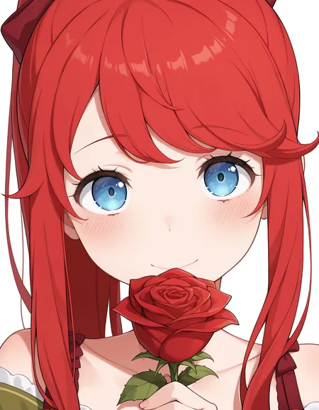 <lora:Theresia van Astrea Illu:1>
1girl, solo,
theresi4, red hair, blue eyes, long hair,
holding rose, portrait, blush, smile, looking at viewer, high ponytail, green dress, dress straps, red dress bows,
simple background, background, white background,, masterpiece, best quality, amazing quality