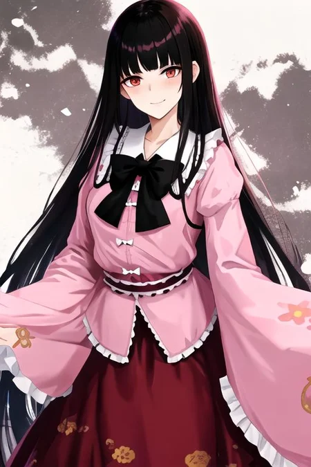 Kaguya, 1girl, solo, long hair, looking at viewer, blush, smile, bangs, skirt, shirt, black hair, red eyes, long sleeves, bow, very long hair, closed mouth, frills, japanese clothes, wide sleeves, blunt bangs, bowtie, sleeves past wrists, red skirt, floral print, frilled skirt, white bow, frilled sleeves, sleeves past fingers, pink shirt, frilled shirt collar, hime cut, breasts