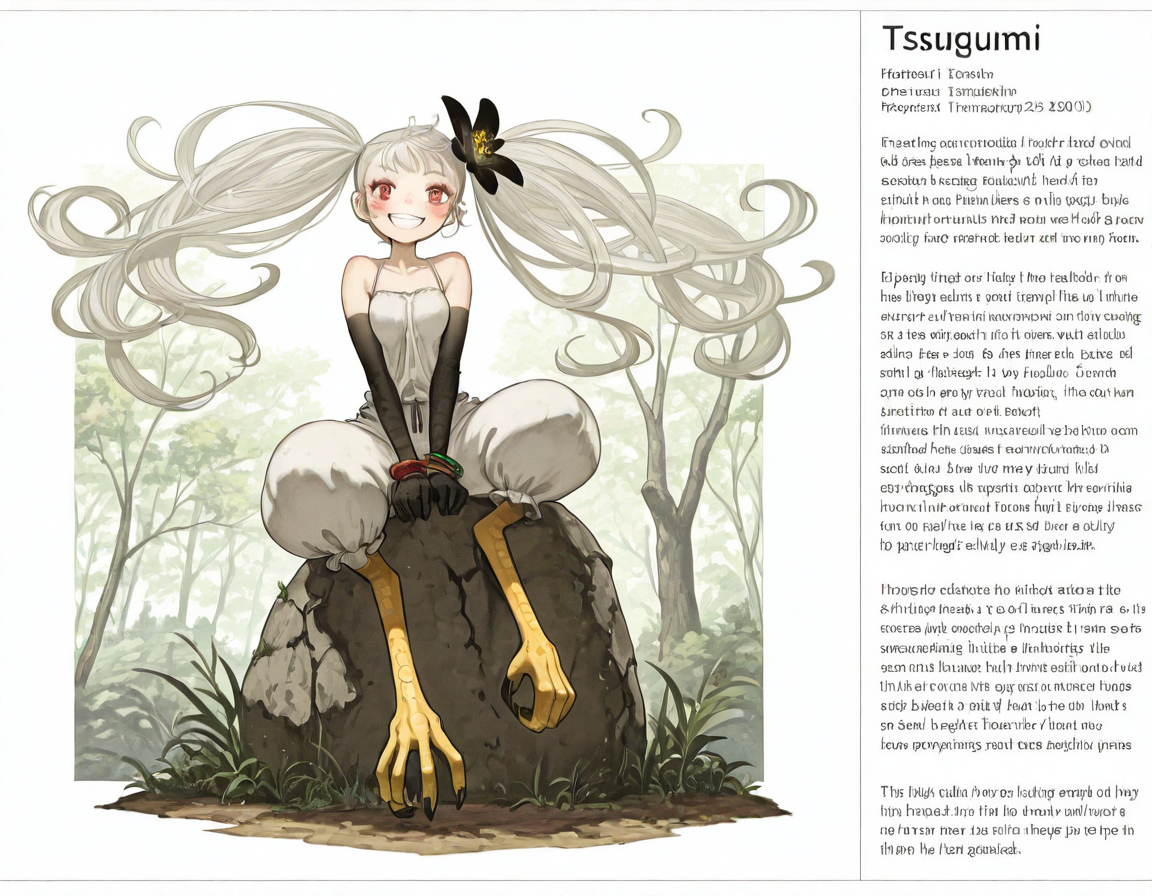 masterpiece, amazing quality, high resolution, 1 girl, solo, very thin, size difference, Tsugumi, long hair, white hair, red eyes, twintails, monster girl, bird legs, yellow legs, black flower head ornament, small breasts, white black dress, baggy pants, flowing hair, looking at viewer, blush, happy, smile, teeth, worldbuilding, english text, 1girl, character profile, monster girl, multiple views, sitting on a stone, climbing a tree