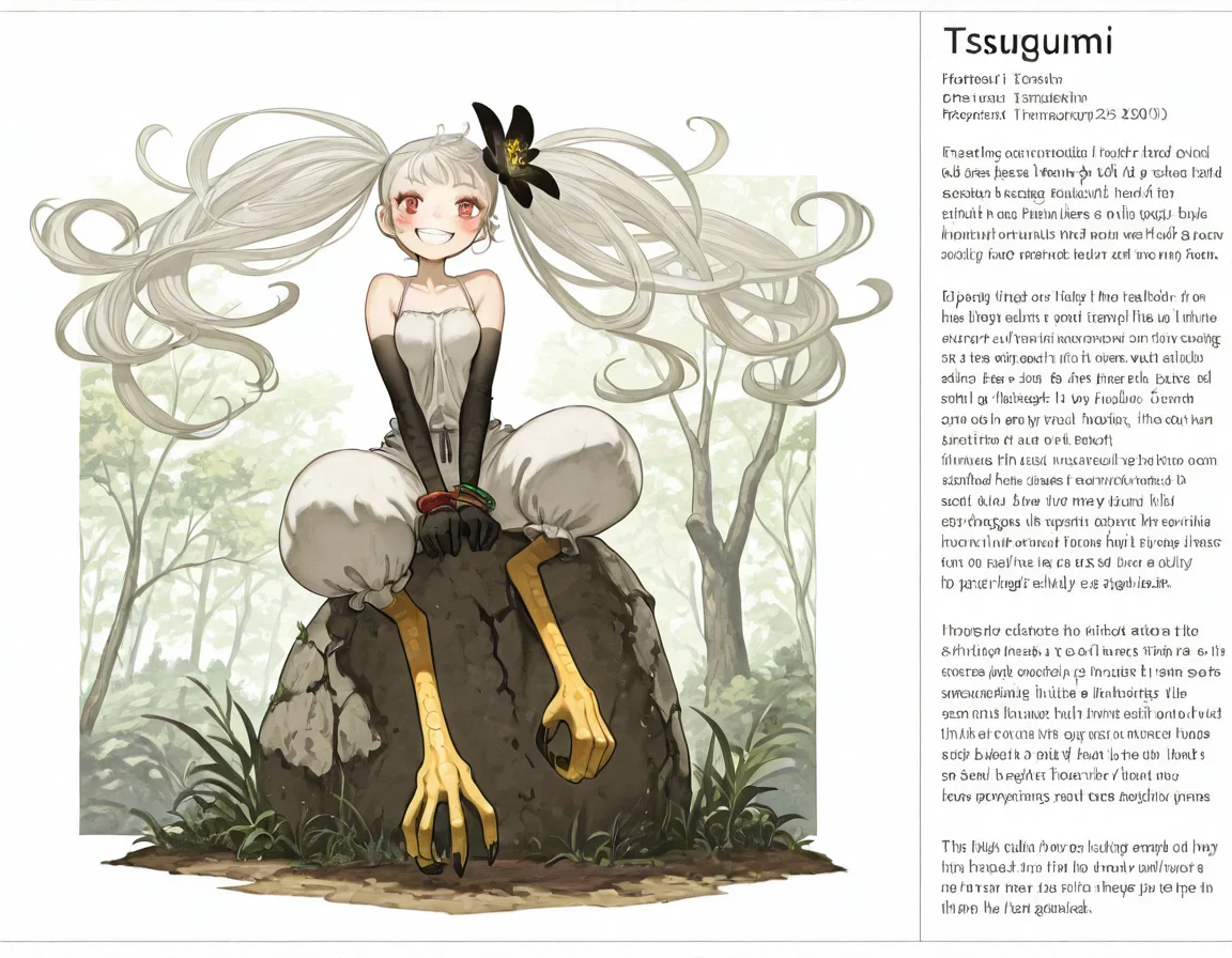 masterpiece, amazing quality, high resolution, 1 girl, solo, very thin, size difference, Tsugumi, long hair, white hair, red eyes, twintails, monster girl, bird legs, yellow legs, black flower head ornament, small breasts, white black dress, baggy pants, flowing hair, looking at viewer, blush, happy, smile, teeth, worldbuilding, english text, 1girl, character profile, monster girl, multiple views, sitting on a stone, climbing a tree