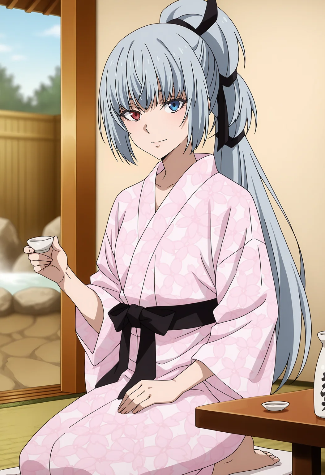 anime screencap, masterpiece, best quality,
<lora:TenSura_LuminousValentine_IlluXL:0.9>,
1girl, solo, closed mouth, light smile,
high ponytail, long hair, grey hair, heterochromia, red eyes, blue eyes, hair ribbon, black ribbon,
bath yukata, floral print, pink kimono, black sash,
holding cup, sake,
seiza, table, looking at viewer, cowboy shot,
indoors, onsen, tatami, blurry background
