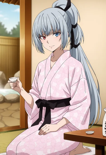 anime screencap, masterpiece, best quality,
<lora:TenSura_LuminousValentine_IlluXL:0.9>,
1girl, solo, closed mouth, light smile,
high ponytail, long hair, grey hair, heterochromia, red eyes, blue eyes, hair ribbon, black ribbon,
bath yukata, floral print, pink kimono, black sash,
holding cup, sake,
seiza, table, looking at viewer, cowboy shot,
indoors, onsen, tatami, blurry background