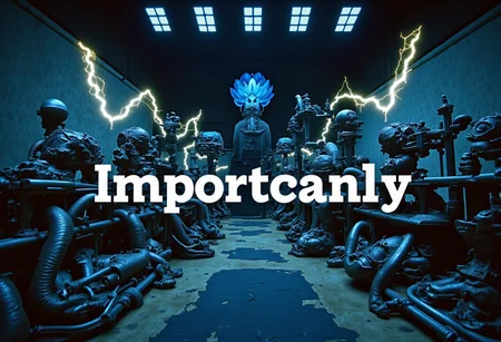 the words 'IMPORTANTLY' written in large font fills the front of frame. In the back of frame weird man with in a dark room with checkerboard blue lotus PEOPLE ARE trapped inside machinery, people crushed inside mechanical gears, high gore arms crushed and bent, signs of wailing, people in business suits trapped in machinery. floors with blood on the ground with a white interior cyber tech electricity electical circuits illuminati symbols with brains and vaginas with high technology alchemical background lightning bolts