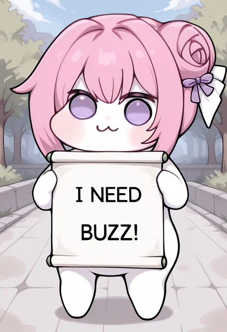 masterpiece, best quality,sfw,
1girl,look at viewer,
holding scroll,scroll with text "I NEED BUZZ!",
doro, :3, chibi, no pupils, solid circle eyes, full body, white skin, standing,
dorothy \(nikke\), pink hair, purple eyes, single side bun, hair bow, purple ribbon,
outdoors,