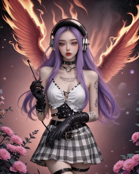 1girl, belt, black gloves, bow, choker, collar, fiery wings, fishnet legwear, flame, flower, flower ornament, headphones, holding instrument, jewelry, long hair, looking at viewer, makeup, plaid, purple hair, sheet music, skirt, sky, solo, space helmet, spider web, spikes, tattoo
<lora:Street_Art_Portrait:0.8>
<lora:LCM_LoRA_Weights_SD15:1>