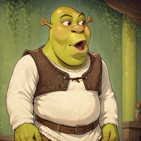 masterpiece, best quality, newest, absurdres, highres, anime, anime style, POG-V1.0IL, pogchamp (meme), meme, :o, 1boy, shrek, bald, green skin, brown vest, white shirt, brown belt, pants, portrait,