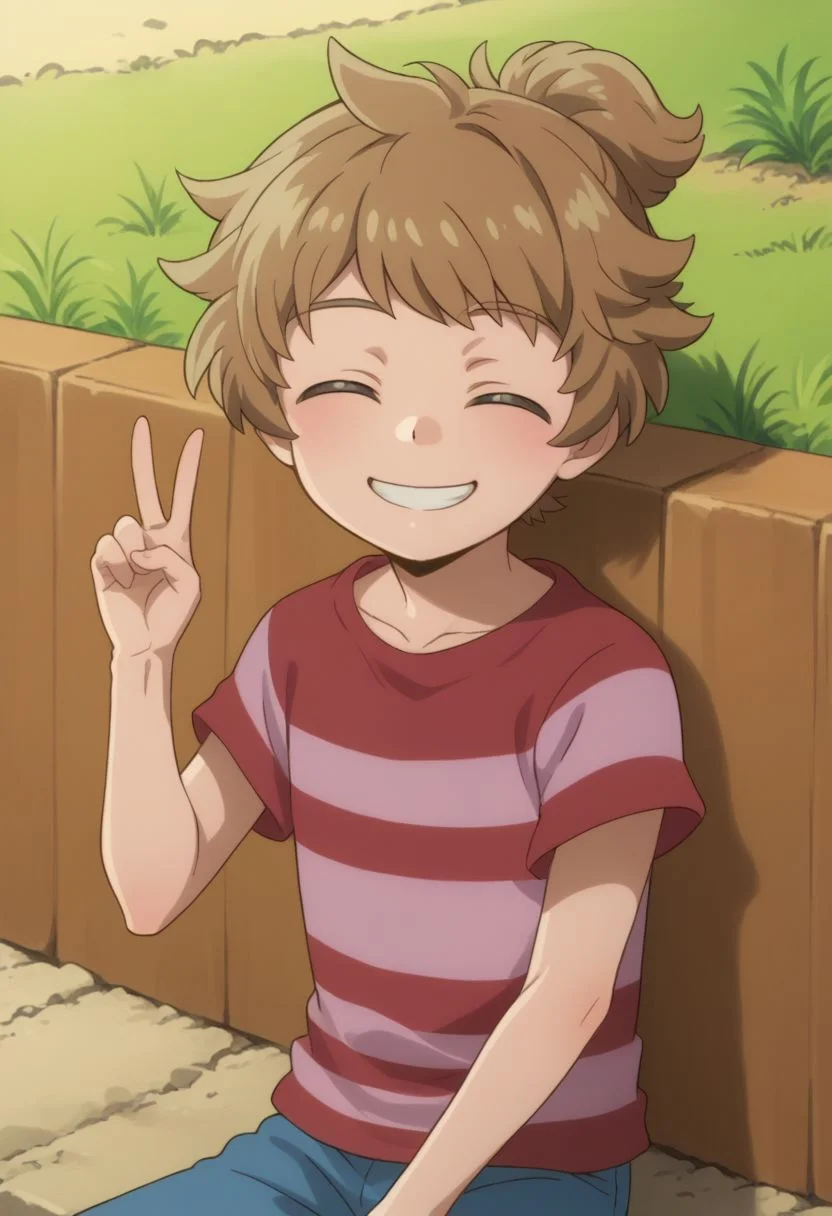 score_9, score_8_up, source_anime, highly detailed, 1boy, solo, skinny,
cute,
haruka, 1boy, male focus, solo, striped shirt, shirt, closed mouth, brown hair, striped, smile, teeth, closed eyes, smile, v sign,
outdoor, sit, parapet,