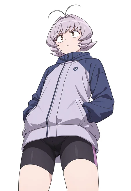 Smooth Quality,masterpiece,very intricate, high quality details, ultra realistic, high detailed skin,detailed enviorement,
simple background, white background,from below,0 0,
 bike shorts,  ,windbreaker,  ,windbreaker,  , <lora:Osana_Najimi_cnn:0.8> osananajimicnn, 1other,short hair, brown eyes, antenna hair, androgynous, light purple hair,