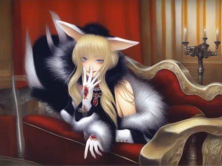1girl,
Petplay High Fashion: sleek bodysuit, faux fur trim, jewel-studded collar, feline-inspired gloves -- lounging on a velvet chaise, tail flicking, giving a knowing smirk. A high-fashion bodysuit with luxurious faux fur trim, a jewel-studded collar resting at her throat, lounging on a velvet chaise, her faux tail flicking playfully as she gives a knowing smirk.
<lora:DarkfireStyle18:1>