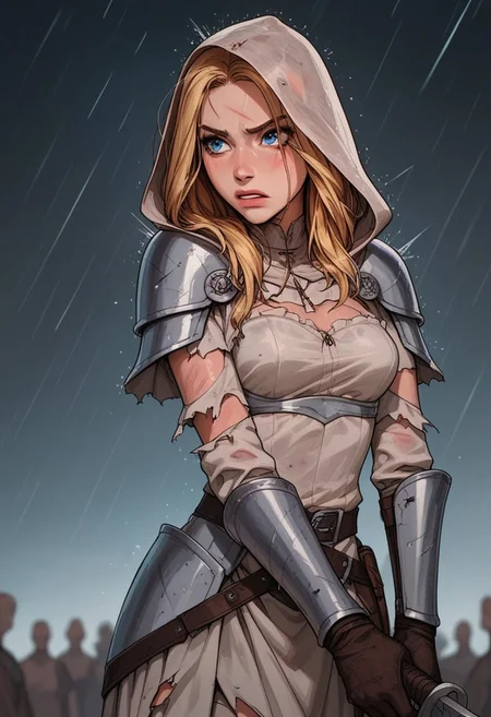 (score_9, score_8_up, score_7_up). (line work, excellent drawing, highest quality, extremely detailed:1.2). solo, 1girl, 24 year old woman, Battle Cleric, saint, vestal, hood, armor, religious, medium breasts, glossy lips, long lashes, blue eyes, blonde hair, innocent, cute face, pale skin, soft skin, scared, determined, injured, slut face, (holding a sword), nympho, horseriding skirt, fantasy, dnd, g0thicPXL, romantic, source_cartoon, depth of field, medium distance, cowboy_shot, semirealistic, dynamic angle, side view, in profile, dark background, raining, torn clothes, muddy clothes, fighting stance, crowd in background, surrounded by enemies,