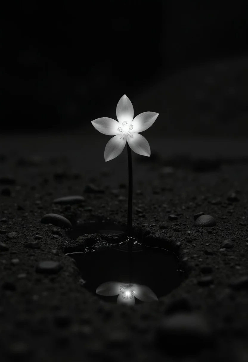 infrared image, black and white, monochrome, macrophotography photo of a small glowing white flower on an all black plant, the plant is alone and growing on a small alien rocky barren asteroid next to a tiny puddle of water, the glowing flower reflecting in the small puddle