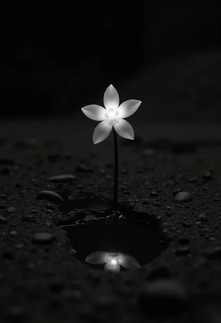 infrared image, black and white, monochrome, macrophotography photo of a small glowing white flower on an all black plant, the plant is alone and growing on a small alien rocky barren asteroid next to a tiny puddle of water, the glowing flower reflecting in the small puddle