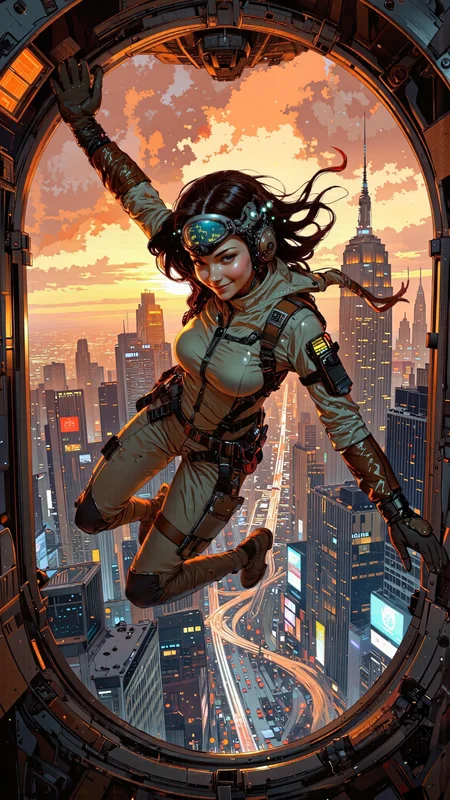 High-resolution anime-style illustration with a cyberpunk and sci-fi fantasy aesthetic. A stunning young woman leaps from the open hatch of a futuristic dropship, free-falling through a sky ablaze with vibrant sunset hues and neon city lights far below.
She wears a sleek, form-fitting tactical bodysuit with metallic and leather elements, the fabric hugging her figure while reflecting the ambient glow of the shipâs interior. Her long, windswept hair flows wildly, strands catching the light as she smirks with fearless confidence.
The dropship hovers above, its metallic hull lined with glowing panels, while the vast cityscape stretches beneath herâtowering skyscrapers, holographic billboards, and pulsing aerial traffic creating a mesmerizing cyberpunk backdrop. The wind rushes past as heads-up display holograms flicker around her visor, tracking altitude and velocity. The cinematic lighting and dynamic perspective emphasize the adrenaline-fueled energy of her mid-air descent, capturing the fusion of sci-fi adventure and anime-inspired beauty <lora:Blue_Future:0.7000000000000001> <lora:FluxMythV2:0.6>