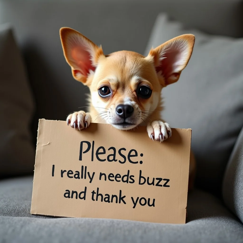 A sad little puppy Chihuahua on the home sofa holding a cardboard with his paws that reads "please I really needs buzzz and thank you"