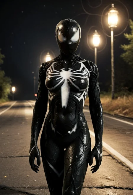 road tunnel background, 1girl, solo, symbiote suit, black suit, black, venom logo, black mask, white eyes, white patches on hands, standing, black webs, skinny, symbiote tendrils, female, hands on hips, (curvy:1.2), black sharp nails, hourglass figure, night, looks away, white blue light of lanterns,