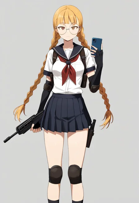 solo, 1girl, skinny, androgynous, looking at viewer, round eyewear, blond hair, long twintail braids, white school uniform, skirt, knee and elbow pads, fingerless gloves, holding flip phone, holstered rifle to the side, medium breast, mid movement, dynamic pose, smewed.