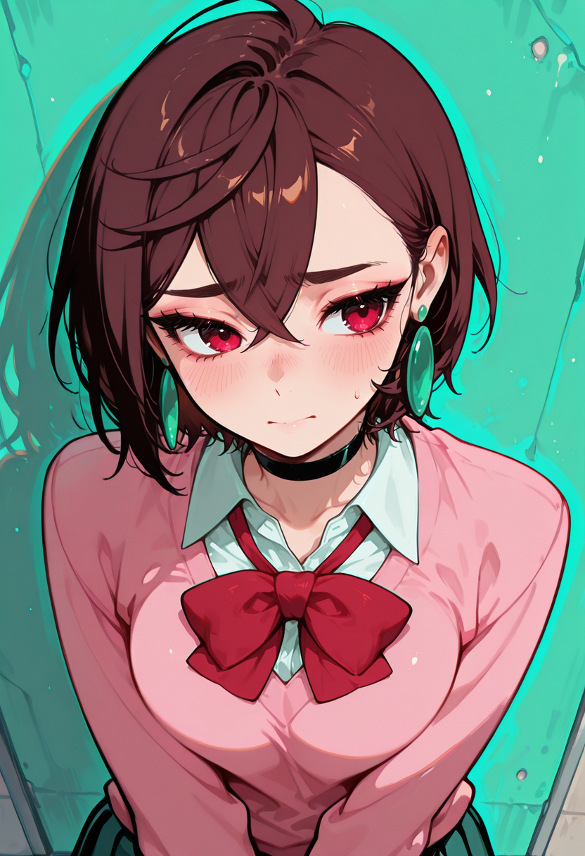 score_9, score_8_up, score_7_up, masterpiece, best quality, very aesthetic, detailed face, (dynamic:1.2), stylized, illustration, dynamic pose, ayasemomo, hair between eyes, crossed bangs, green earrings,  brown hair, red eyes, black choker, short hair, white shirt, red bowtie, pleated skirt, school uniform, pink cardigan, long sleeves, ayasemomo, hair between eyes, crossed bangs, green earrings, brown hair, red eyes, black choker, short hair, japanese school, against wall, shy expression, teal outline <lora:ck-shadow-circuit-IL:0.5> in the style of cksc <lora:incoth:0.5> incoth, (incase:0.5) <lora:TrendCraft_The_Peoples_Style_Detailer-v2.3I-4_16_2025-Illustrious_1571400:0.3> <lora:Smooth_Booster_v3_1685428:0.2>âââ <lora:perspective:0.2>  <lora:WeaponSpellBindIL:0.3> teal magic, spell bind <lora:9_EnchantingEyes:0.8> Enchanting Eyes <lora:ayase_momo-koto-Illustrious v01:0.7>