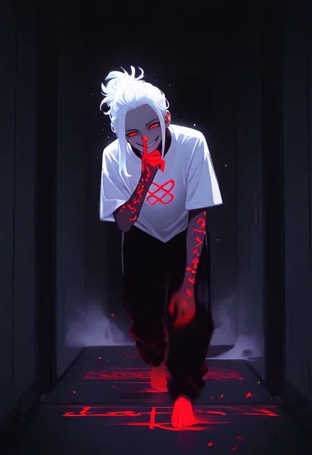 A demon boy, red eyes, red eye effects, white hair, 3:7 hairstyle, ancient runes carved on the skin, wearing a white T-shirt, black wide-leg pants, barefoot, raising his hand to his mouth, biting his index finger, evil smile, red paint flowing out of his eyes, walking forward, motion blur, corridor in the background, modern city, university dormitory building, dark background, mottled walls on both sides, closed dormitory door, white smoke rising from the ground, hazy atmosphere, eerie feeling, ultra-fine dark red particles, chaos effects, front shot, low angle
, xxx667_illu, melanch0ly, <lora:illustriousXL_stabilizer_v1.23:0.3> <lora:NOOB_vp1_detailer_by_volnovik_v1:0.3> <lora:ponyv6_noobE11_2_adamW-000017:0.3> <lora:XXX667:0.7> <lora:MelancholyAnime:0.8>