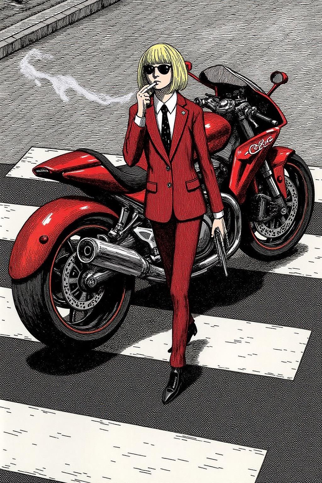 edwardgorey1 illustration.
Overhead shot of a Blonde woman walking away from a futuristic motorcycle parked at a zebra crossing. The woman has bob hair, is smoking. She wears a red business suit, white shirt, black tie, and sunglasses. She holds a gun with a confident grip. The motorcycle itself is red, sleek and metallic, with intricate designs and a futuristic vibe
 <lora:edwardgorey1_d8a4e9:1.0><lora:864756078292790710:0>