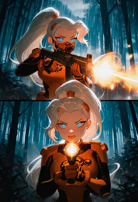masterpiece, best quality, amazing quality, very aesthetic, absurdres, newest, ((screencap, parody, cartoon))
drewsat, 1girl, long hair, white hair, ponytail, blue eyes, makeup, lipstick, eyeshadow, 
armor,, orange bodysuit
expressive face, 
dark forest, holding gun, dark  forest, fog, raining, deep dark forest, black woods, , aiming flashlight, fog, big foot, chasing, foreground blur, depth of field, assault rifle, upper body, muzzle flash,