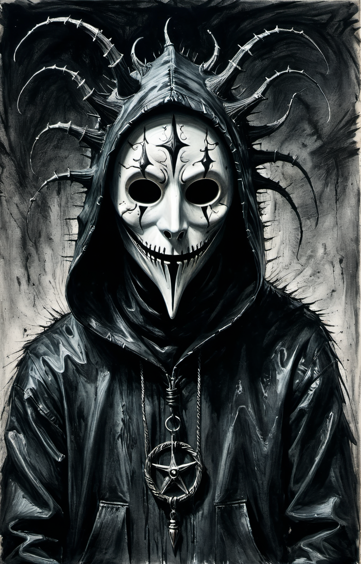 (((black charcoal sketch))),Surreal horror style by clive barker,surreal abstract art,hooded man wearing a mask,crazed demonic realm of madness,weirdcore,depth of field,unsettling,asymmetric abnormalities,surreal masterpiece,insanely detailed,insane imagination illustrated,sharp focus,creepy,never before seen art of an evil mastermind,demented dream