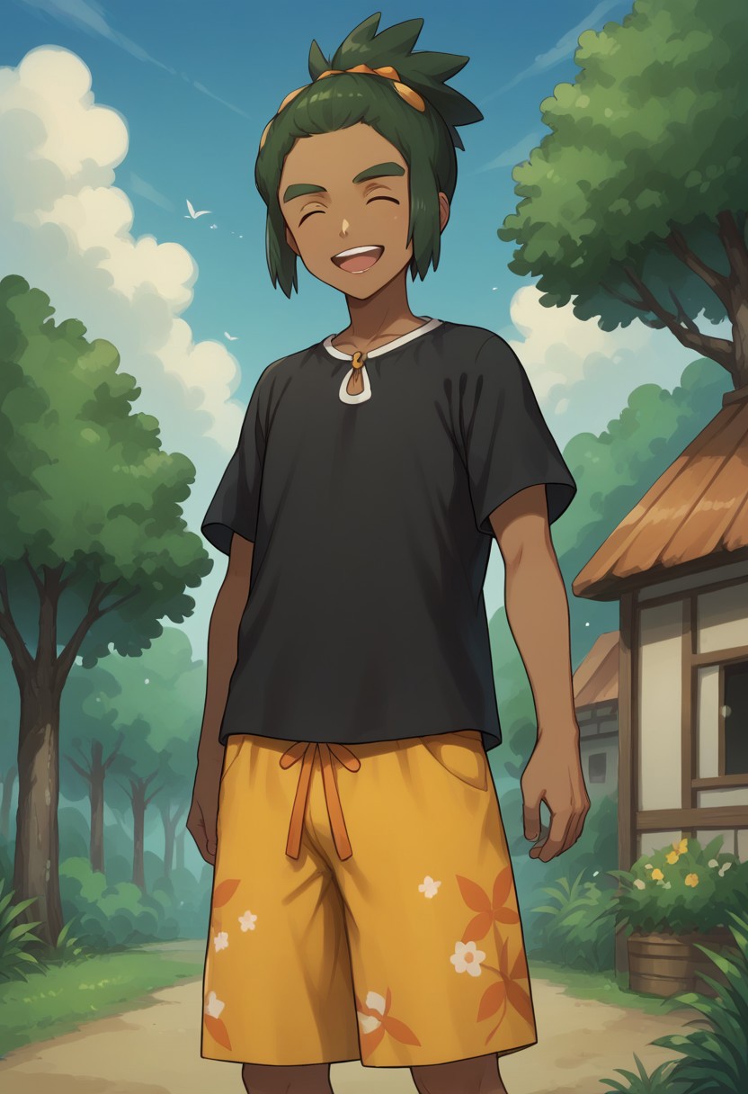 score_9, score_8_up, score_7_up, source_anime, highly detailed, 
haupk, 
1boy, dark-skinned male, male focus, closed eyes, solo, shirt, shorts, dark skin, open mouth, green hair,
teeth, smile, orange shorts, floral print, black shirt, short ponytail, short sleeves,
standing, upper teeth only,  orange footwear, short hair, happy, upper body
outdoor, sky, tree, clouds