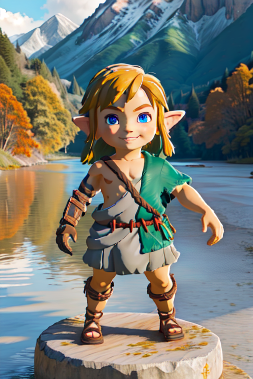 totklink, 1boy, zonai dress, single bare shoulder, solo, smiling, outdoors, mountains, rocks, river, wood,  (look at viewer:1.2) ,full body,chibi, sidelighting, 50mm, <lora:link:0.85> <lora:blindbox_v1_mix:0.75>