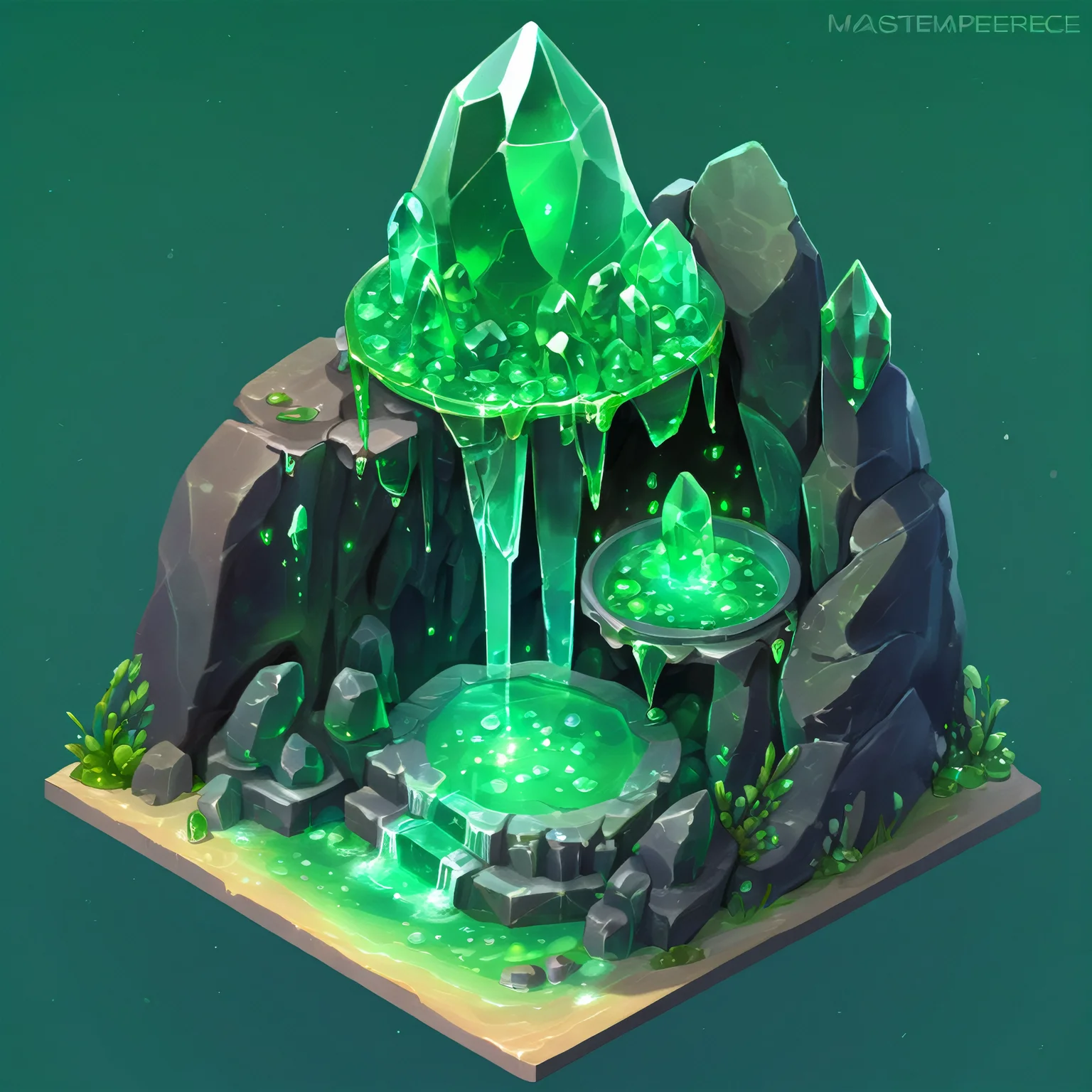 ((masterpiece, best quality)),  absurdres,  Isometric_Setting,  highly detailed,  Isometric_Setting,  cave,  green crystal,  magic,  green glowing,  slime, <lora:Stylized_Setting_SDXL:0.8>