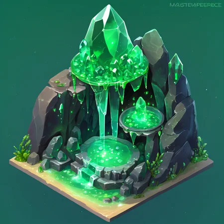 ((masterpiece, best quality)), absurdres, Isometric_Setting, highly detailed, Isometric_Setting, cave, green crystal, magic, green glowing, slime, <lora:Stylized_Setting_SDXL:0.8>