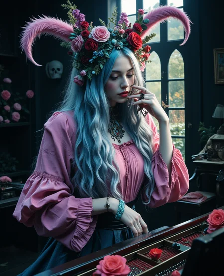 imagine an image in the style of cinematic photorealism. hyper realistic professional photography of an mystic (ahri:1.2) with creepy whimsical elements and cerulean hair, playing the piano, eerie fairytale landscape, elaborate fantasy style art, very colorful, intricate details, ultra sharp, exquisite detail, flawless composition, vivid colors, masterpiece, exciting background, realism, 8k, film still <lora:Cinematic_Dark_Cottagecore_Flux_Edition:1> dc-flux with a slight melancholic undertone