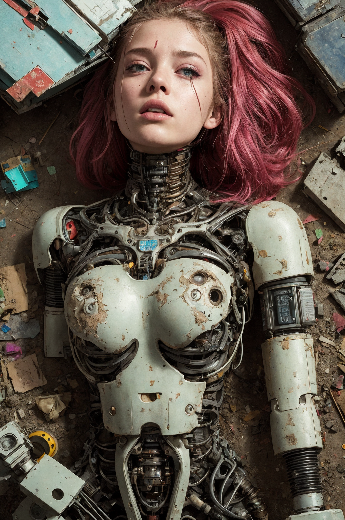 Photo of a broken ruined cyborg girl in a landfill, robot, body is broken with scares and holes,half the face is android,laying on the ground, creating a hyperpunk scene with desaturated dark red and blue details, colorful polaroid with vibrant colors, (vacations, high resolution:1.3), (small, selective focus, european film:1.2), art by Otomo Katsuhiro