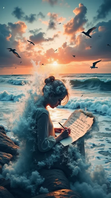 A surreal scene depicting a figure writing on a piece of paper, surrounded by a vibrant ocean landscape. The background features tumultuous waves crashing against the shore, with a dramatic sky blending shades of orange, pink, and deep blue, reminiscent of an impressionist painting. Ethereal wisps of clouds and mist swirl around the figure, creating an otherworldly atmosphere. Seagulls fly in the distance, silhouetted against the colorful sky. The writing on the paper appears blurred, filled with flowing, elegant script, inviting a sense of mystery. The overall aesthetics are a blend of dreamy surrealism and vibrant expressionism, evoking emotions of introspection and creativity. bo-exposure, double exposure,