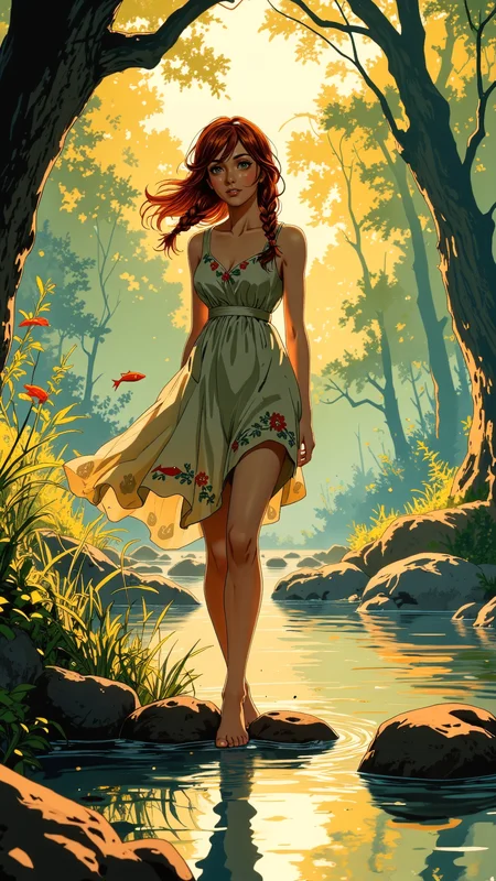 High-resolution anime-style illustration with painterly textures, cinematic natural lighting, and a serene, tranquil atmosphere. A young woman walks barefoot along the shallow edge of a quiet river, her toes sinking into the cool, rippling water. Her auburn hair is styled into loose twin braids, strands gently swaying with the breeze, framing her peaceful, relaxed expression. She wears a flowing, light summer dress with delicate floral embroidery, the fabric brushing against her legs as she steps carefully between smooth river stones. The golden afternoon sunlight filters through the dense canopy of trees, casting dappled reflections onto the waterâs surface, where fish dart between the reeds. A soft gust of wind sends a few fallen leaves drifting across the stream, their gentle movement mirroring the slow, lazy flow of the river. The painterly textures blend earthy greens, warm golden hues, and soft blues, capturing the dreamlike serenity of nature <lora:Anime_Art_V3:0.5> <lora:Vintage_comic_book:0.7000000000000001> <lora:Ayanna_Sketch_Style-000001:0.5>