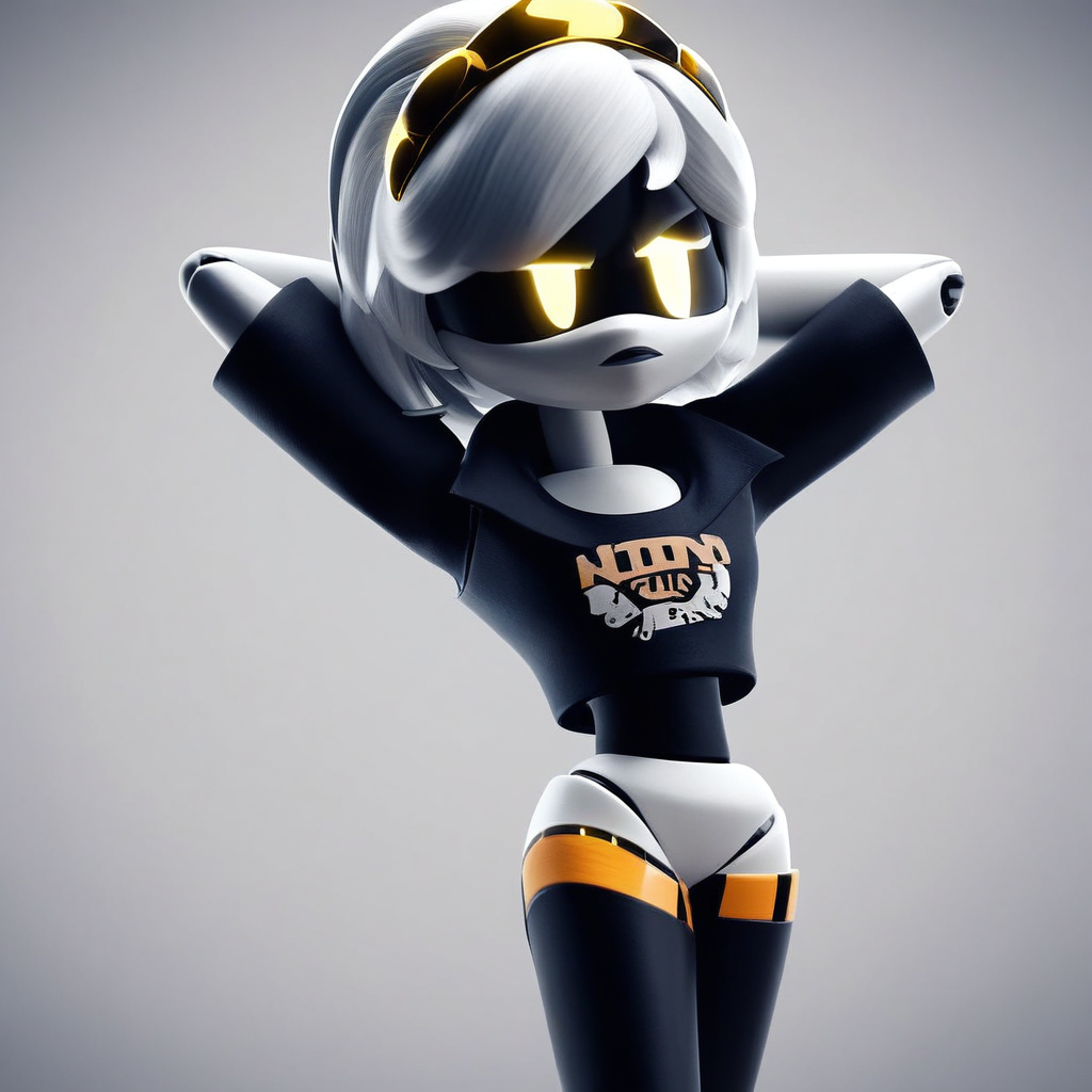 score_9, vmd, robot, white hair, short hair, hands behind head