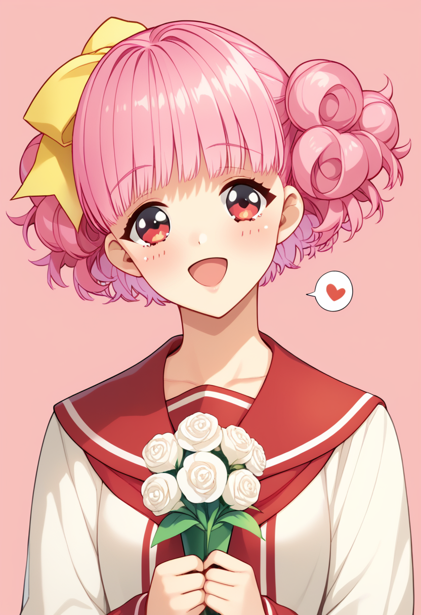 score_9, score_8_up, score_7_up, BREAK miho, 1girl, white flower, pink hair, holding bouquet, smile, open mouth, red sailor collar, looking at viewer, white rose, serafuku, speech bubble, red flower, red eyes, blush, upper body, :d, pink background, short hair, hair bow, daisy, yellow bow,<lora:Suzumimiho:1>