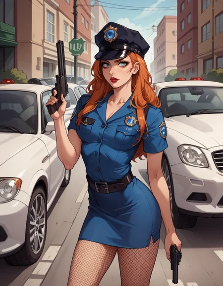 score_9, score_8_up, score_7_up, score_6_up, score_5_up, score_4_up, source_anime, best quality, solo, 1girl, makeup, lipstick, ginger hair, hud_plce_wmn, short blue dress, short sleeves, belt, police hat, fishnets, badge, buttons, gun, <lora:policewoman-000007:0.6>, street, car, outdoors