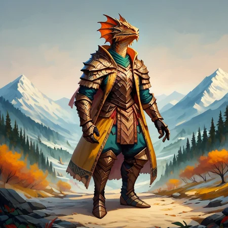 Indo-Burmese inspired lizardfolk warrior leaping above some surprised humans, lamellar armor, taikpon style jacket, full body view, score_9, score_8_up,  mountainous step background, ziggurat,