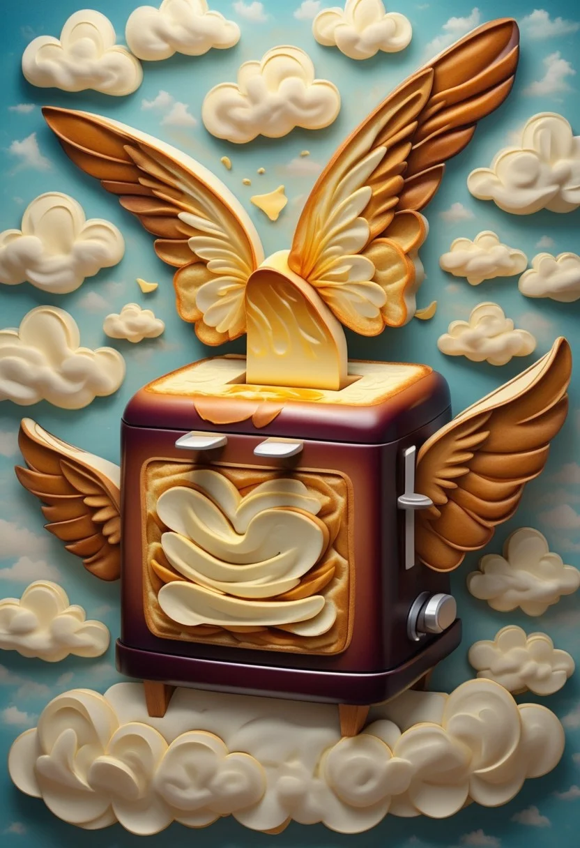 Bizarre Print of a Flying Toaster, Abstract Satin Style, Gradients of Toasty Brown, Crisp White, and Burnt Orange, Wings Made of Bread Slices, Surrounded by Clouds of Butter and Jelly, Glossy Finish, Evoking a Whimsical Breakfast in the Sky Scene