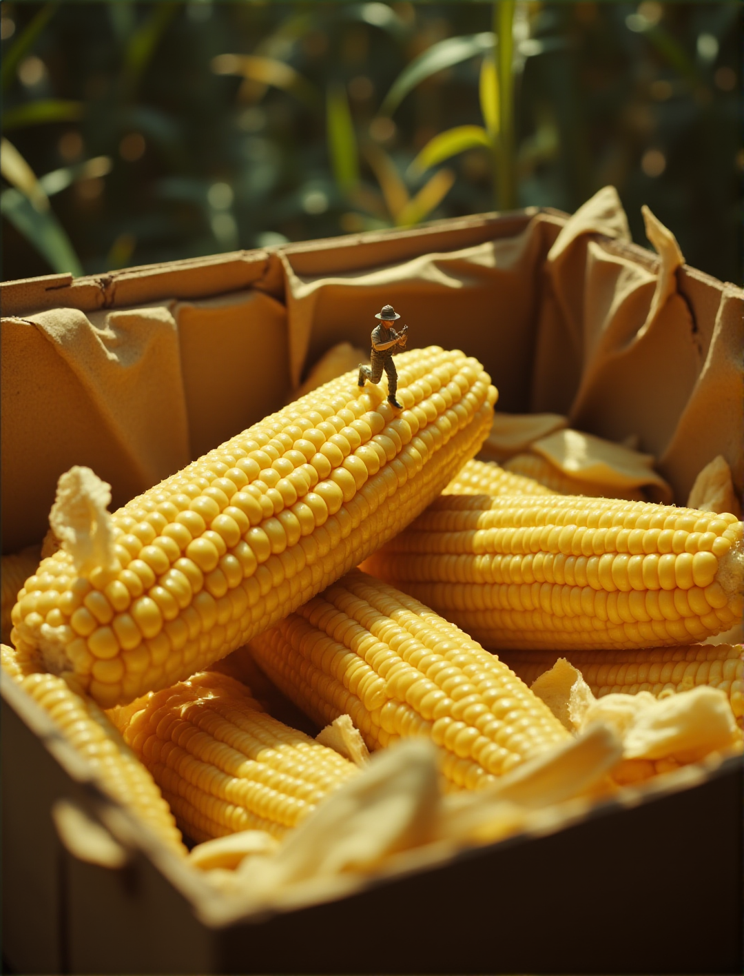 Under a macro lens, corn in box  its surface smooth and hyper-realistic. A tiny figure of  hunter separating each pieces from a big corn with big wood cutting blade machine leaving that part empty. The entire scene is based on texture and detail, showcasing realistic elements along with cinematic lighting effects that create a grand atmosphere akin to an advertising design poster.
 real,(realistic),photo realistic, photography,highly detailed,(masterpiece),(high quality),best quality,super detailed,full detail,4k,8k,realistic lighting,  norender, no anime
