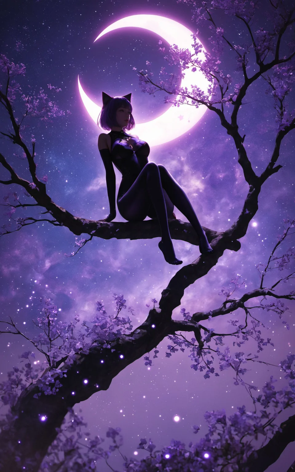 score_9,score_8_up,score_7_up,source_anime,
realistic,detailed background,masterpiece,best quality,1girl,mixed Korean,Kpop idol,
Surreal night scene,silhouette of a cat sitting on a tree branch,crescent moon in the sky,purple hues,starry night,dreamlike atmosphere,glowing edges,mystical,high contrast,ethereal light,detailed textures,whimsical,