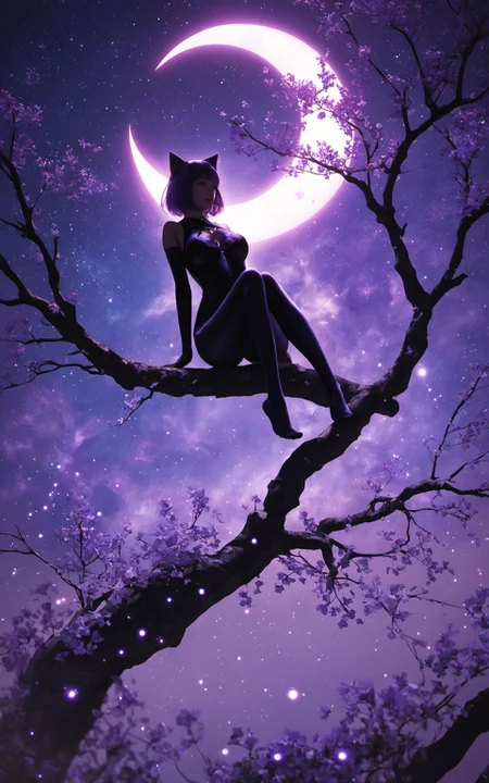 score_9,score_8_up,score_7_up,source_anime,
realistic,detailed background,masterpiece,best quality,1girl,mixed Korean,Kpop idol,
Surreal night scene,silhouette of a cat sitting on a tree branch,crescent moon in the sky,purple hues,starry night,dreamlike atmosphere,glowing edges,mystical,high contrast,ethereal light,detailed textures,whimsical,