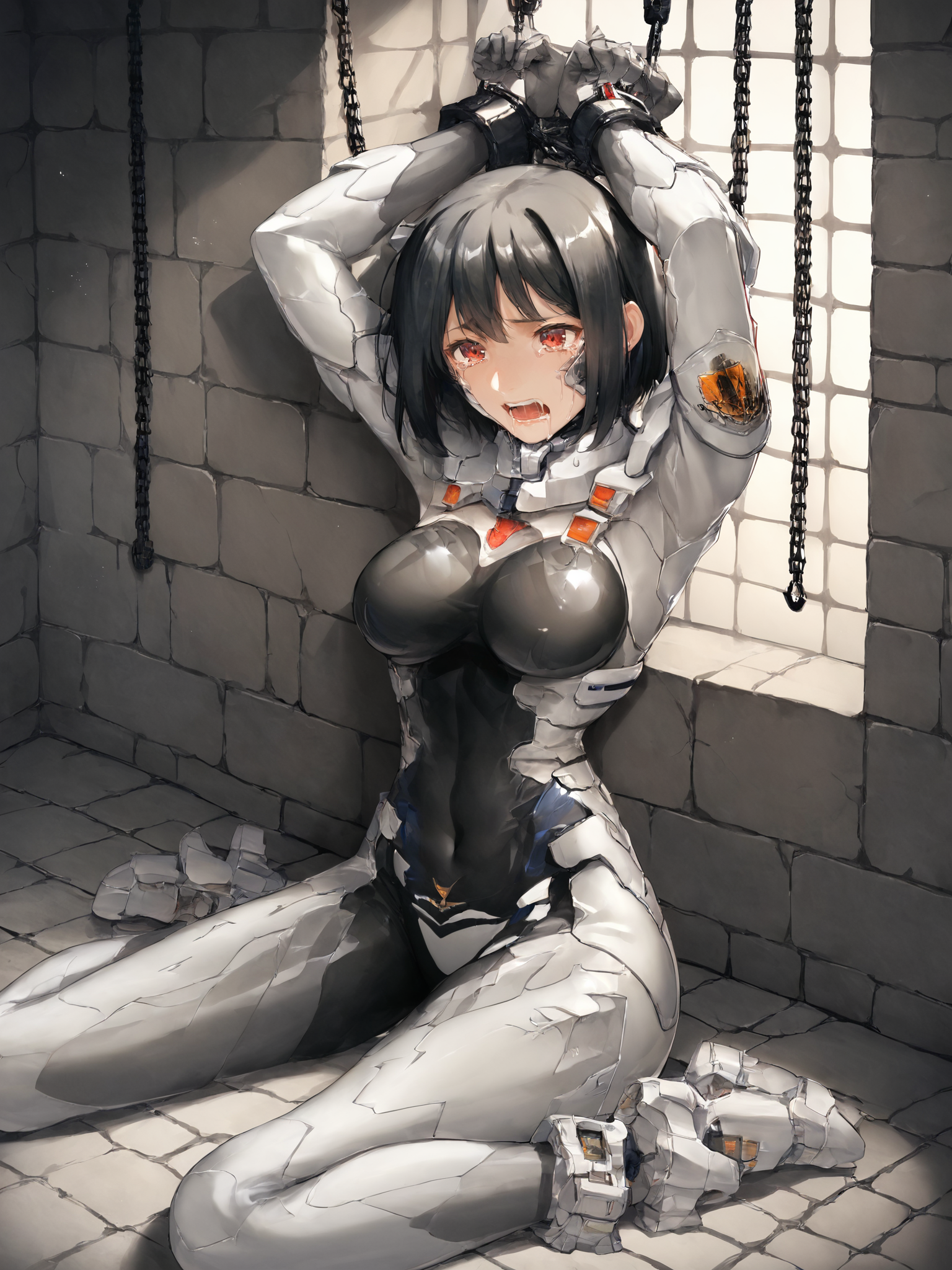 score_9, score_8_up, score_7_up, zPDXL, zPDXLpg,
1girl, solo,
germanfortifiedsuit, <lora:German_Fortified_Suit_v2:1.2>,
indoors, dungeon,
bondage, chain, drooling, crying,
black hair, red eyes, medium hair, straight hair,
sitting, separated legs, arms up