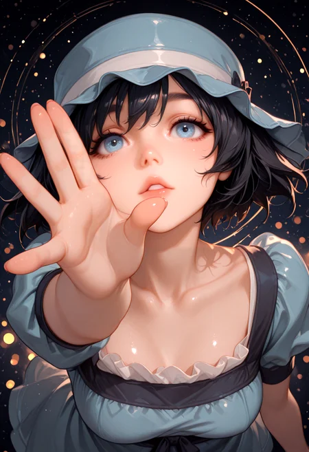 1girl, artist:moriimee, masterpiece, best quality, amazing quality, very awa, absurdres, very aesthetic, highres, 4k, ultra detailed, semi-realistic style, shimmerring, shiny skin, skindentation, , shi1na, short hair, black hair, blue eyes, reaching right hand to sky, open hand, stretched arm, ((perspective)), (view from above:1.5), face partially covered by hand, hand focus, upper body, looking at viewer, parted lips, dark background, starlights, dramatic lighting, (bokeh:1.5) blue headwear, hat, short dress, blue dress, puffy short sleeves,collarbone, shy,, <lora:Illust\style\illustrious_all_rated_v1.safetensors:1.0000000000000002:1.0000000000000002> <lora:Illust\style\MoriiMee_Gothic_Niji_Style_Illustrious_r1.safetensors:0.6000000000000001:0.6000000000000001> <lora:Illust\style\ponyv6_noobV1_2_adamW-000017.safetensors:0.30000000000000004:0.30000000000000004> <lora:Illust\style\HerrscherAGGA2025_Little_Monsters-IL_V2.safetensors:0.4000000000000001:0.4000000000000001> <lora:Illust\char\steinsgate_shiina_illustriousXL.safetensors:0.8000000000000002:0.8000000000000002>