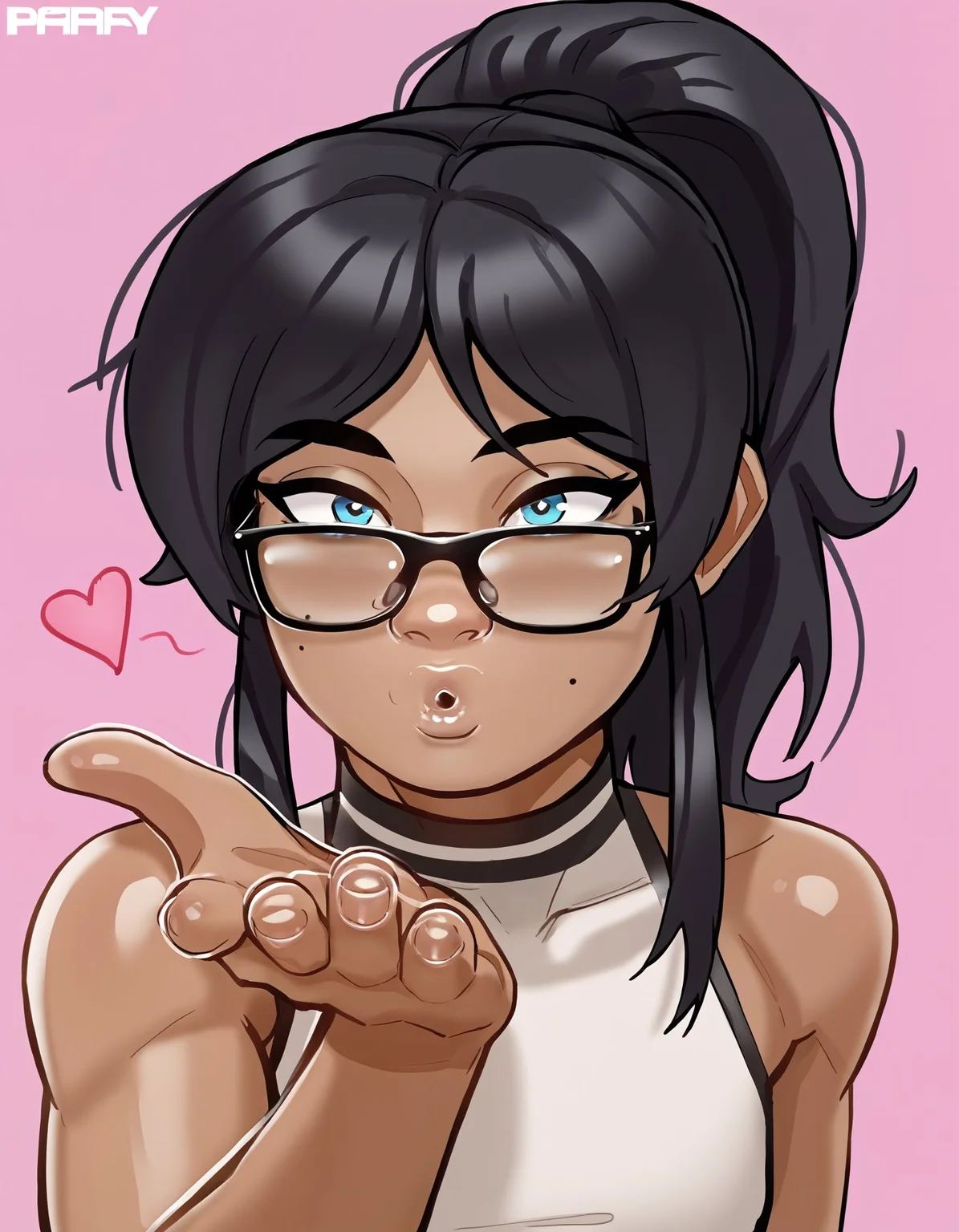 score_9, score_8_up, score_7_up, score_6_up BREAK, IncrsBlowingKiss, heart, blowing kiss, 1girl, solo, e4st3r-dh, dark-skinned female, black hair, ponytail, sidelocks, glasses, blue eyes <lora:Ester_Figueroa_PDXL:0.7> <lora:add-detail-xl:0.5> <lora:FrierenBlowingKissMeme_XLPD:1>