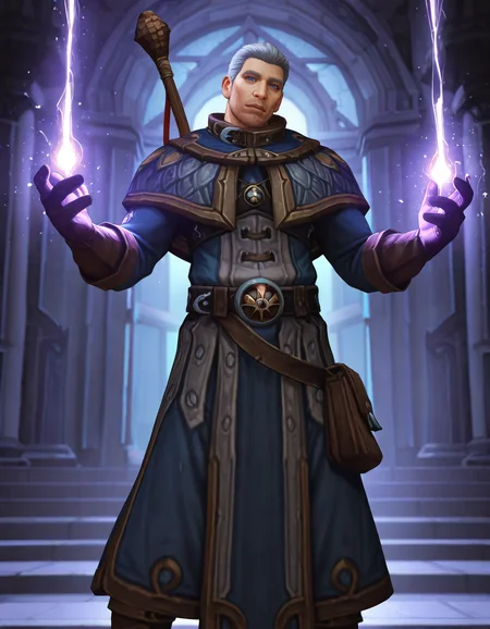 cinematic_depth, 8k, soft_lighting, warm_glow, ultra_high_quality, masterpiece, best quality, newest, perfect quality, intricate details, detailed background, male focus, realistic, solo, <lora:World Of Warcraft - Archmage Khadgar - Illustrious-000006:0.7> wow_khadgar, 1boy, mature male, grey hair, short hair, blue eyes, stubble, robe, brown gloves, belt, satchel, brown boots, head tilt, looking at viewer, staff on back, arms extended, casting arcane spell, holding energy, contrapposto