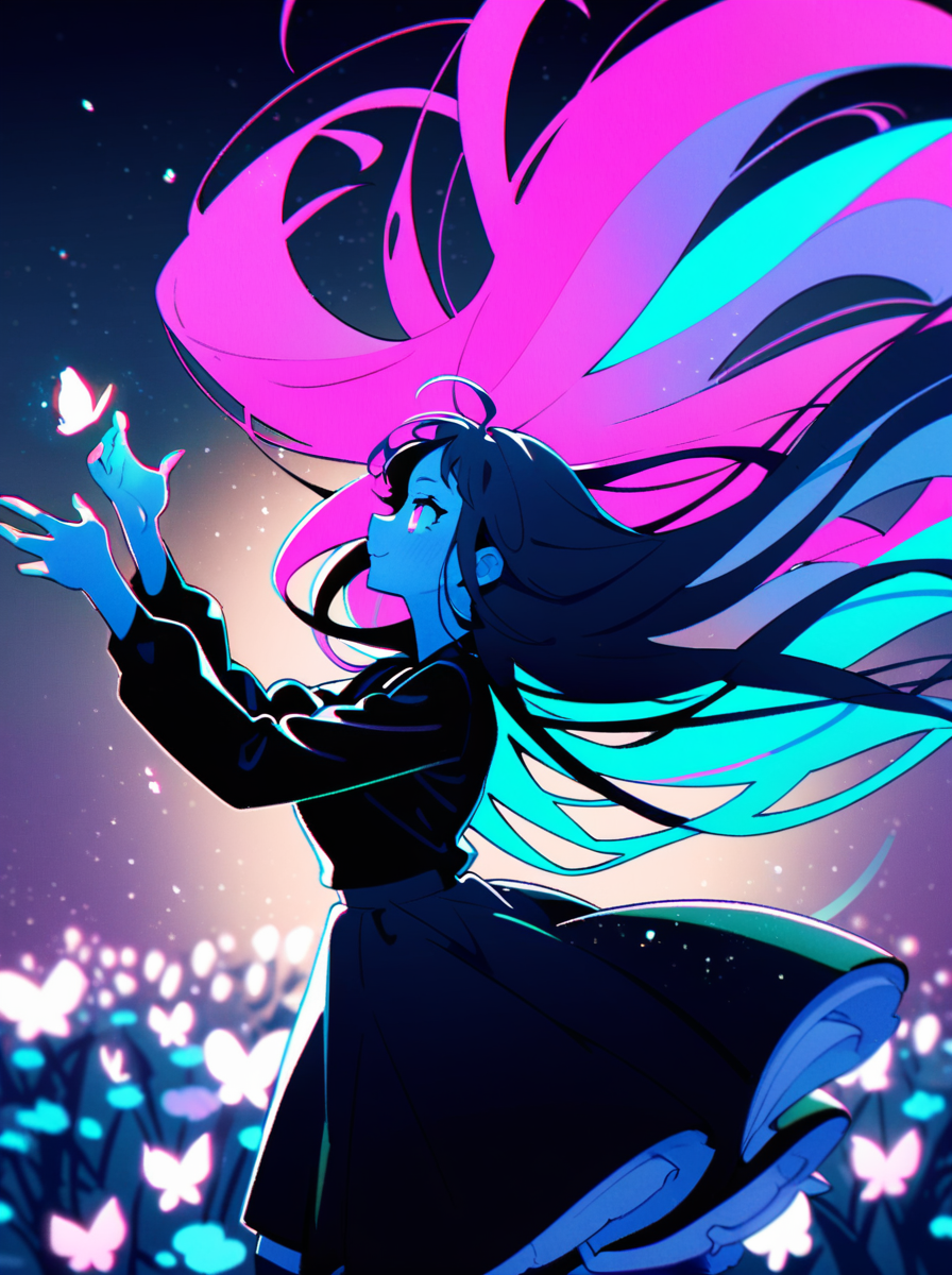 masterpiece, best quality, <lora:style28-xl-a3.1:1>,1girl, centered, side view, black silhouette of a girl, (long flowy hair), flowy skirt, green forest background, ((dynamic pose)), ((flowers)), ((glowing butterflies)), night time, dark theme, starry sky, glowing hair, cinematic, vivid colors, ((saturated neon colors)), perfect hands, anzhcdreamwave, aesthetic, Perfect Hands, aurora borealis