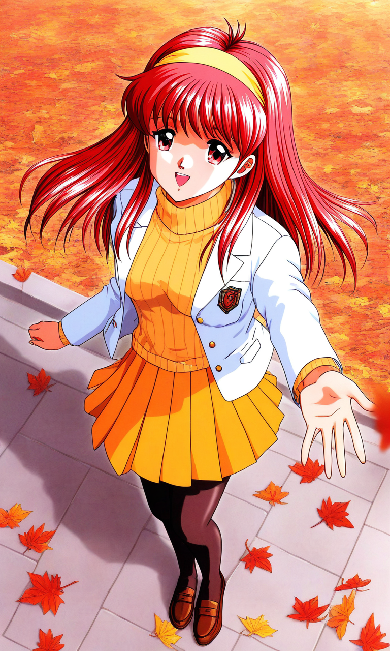 general,highres, ultra-detailed,very aesthetic,best quality ,best hands, BREAK <lora:Fujisaki_Shiori_Tokimeki_Memorial_Ver2.0_IS:1>
Fujisaki_Shiori(Tokimeki_Memorial), 
1girl, solo, hairband, long hair, skirt, red hair, red eyes, pantyhose, sweater, jacket, open mouth, leaf, shoes, pleated skirt, 
smile, looking at viewer, long sleeves, full body, autumn leaves, standing, 
ribbed sweater, from above, loafers, 
 open jacket, open clothes, outdoors, turtleneck, outstretched arm, black pantyhose