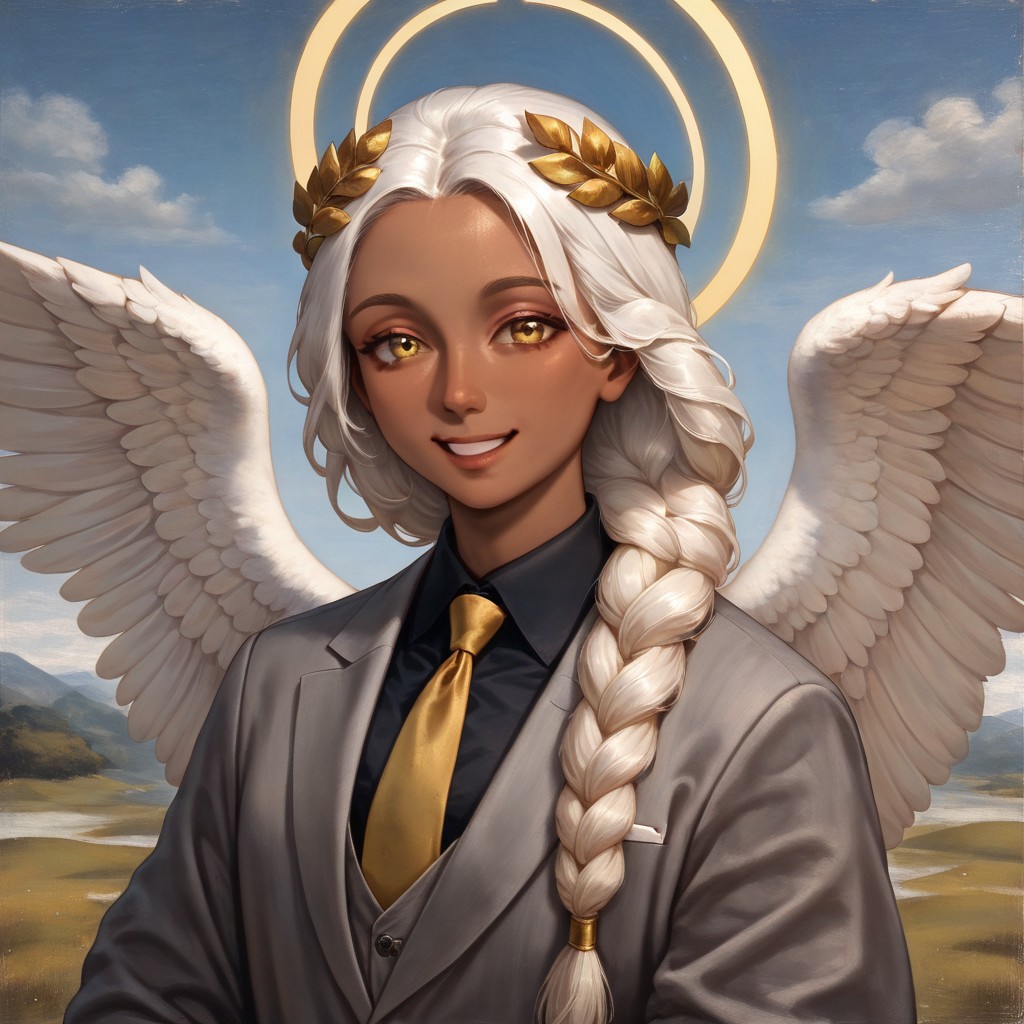 masterpiece, best quality, newest, absurdres, highres, 
ROPV1.0, fine art, fine art. parody, oil painting, traditional media,
1girl, dark skin, dark-skinned female, grey suit, suit official attire, official clothes, nectie, yellow necktie, white hair, long hair, braid, single braid, angel, angel girl, halo, wings, angel wings, smile, happy, open eyes, golden eyes, laurel crown,