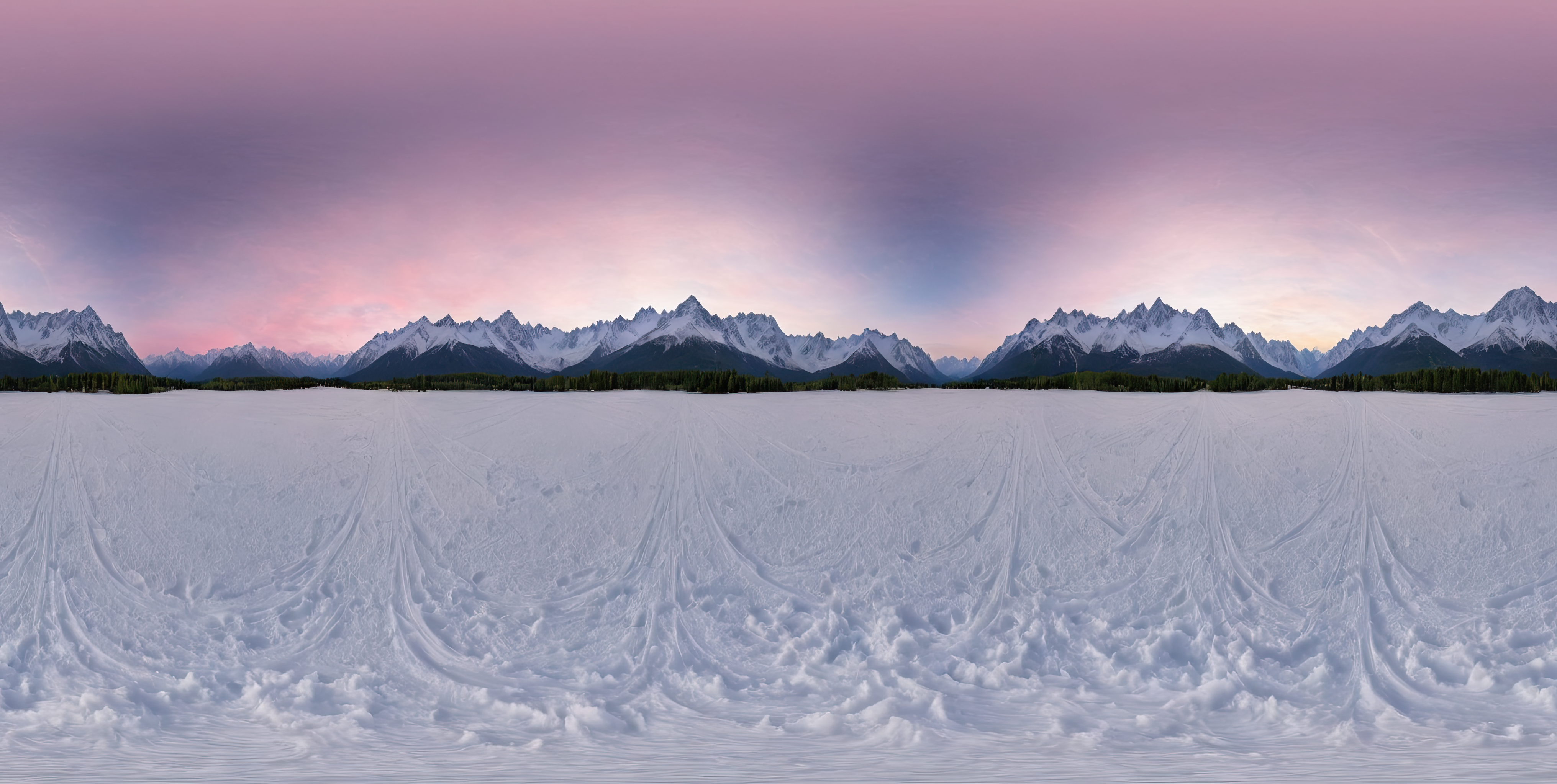 360panorama,Centered Horizon,No seams,<lora:HMSGXL_epoch_9:1>,A 360-degree panoramic image of snow-capped mountains under a pink-hued sky, encapsulating the pristine beauty of the frosted peaks and the soothing pastel colors of dawn or dusk above.,<lora:åå½±XL:1>,